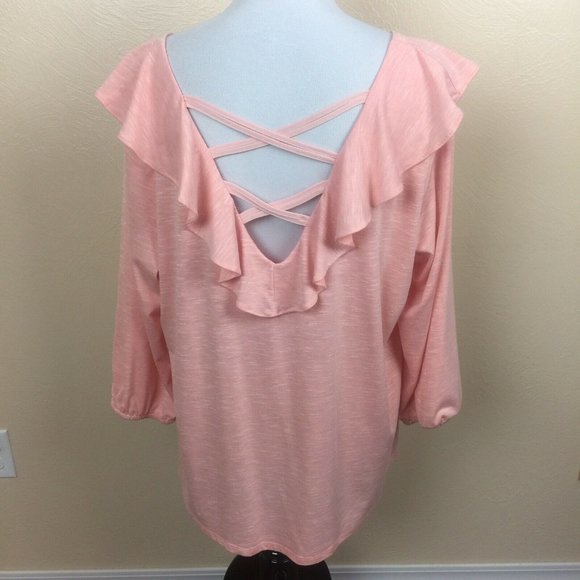 Skies are Blue Womens Plus 1X Peach Criss Cross LS - Picture 4 of 7